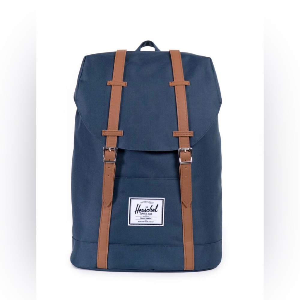 NWT Herschel Supply Co. Retreat Backpack, Navy w Brown Straps Standard 19.5L